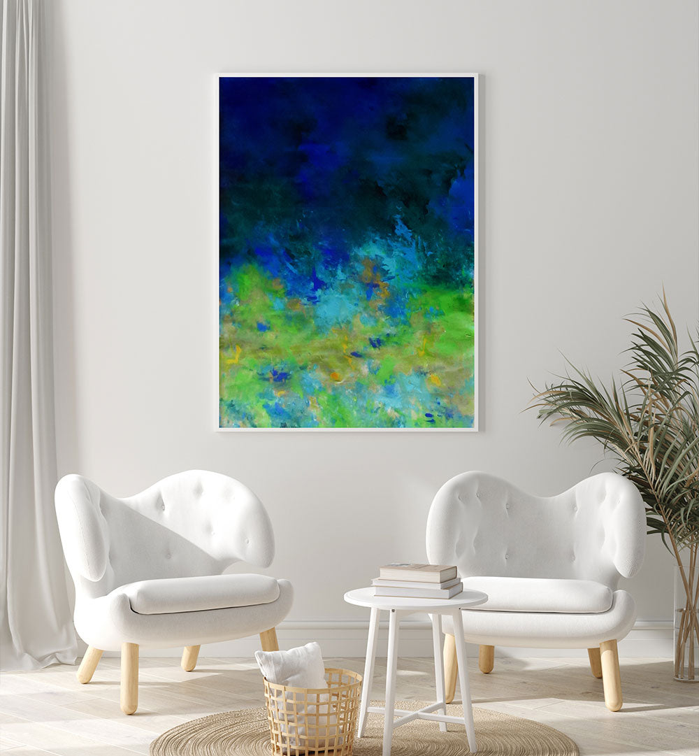 Vibrant TROPICAL WATER, ABSTRACT PAINTINGS enhancing a serene living space with fluid brush strokes and colors.