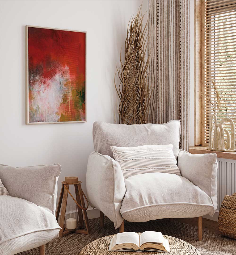 Vibrant TROPICS I, ABSTRACT PAINTINGS adorns a stylish living space, enhancing contemporary design and artistry.