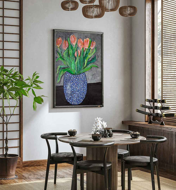 Vibrant tulips in blue vase I, floral flower paintings, enhance your space with natural beauty and elegance.