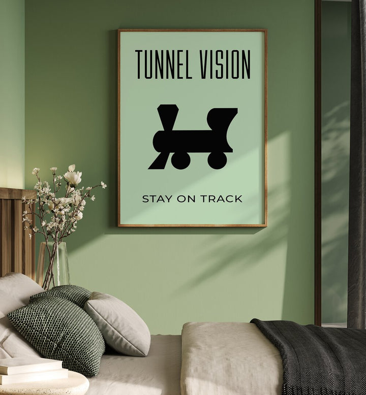 Tunnel Vision Money Art Artwork in plain oak wood frame hanging on wall in bedroom