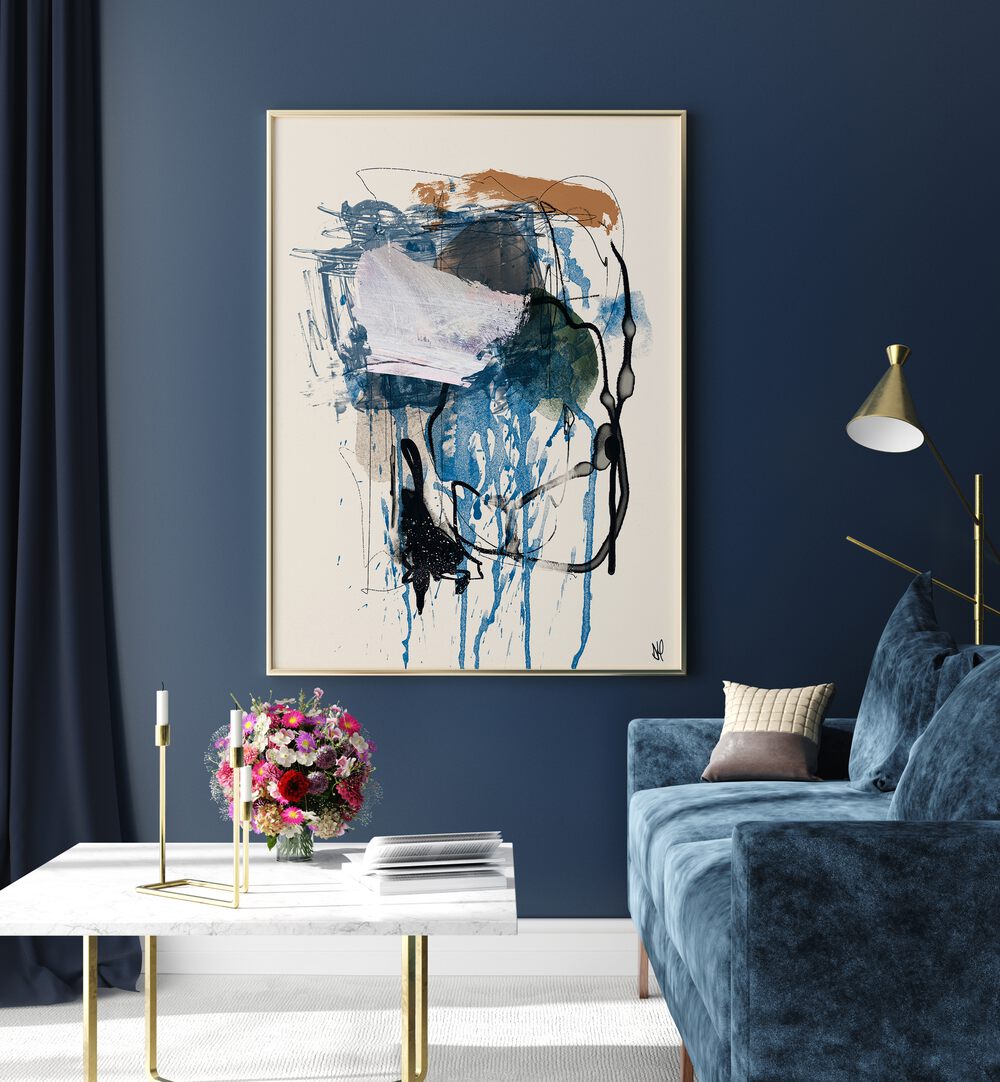 Stylish living room featuring TWIN ABSTRACT I, ABSTRACT PAINTINGS, enhancing decor with vibrant colors and unique shapes.