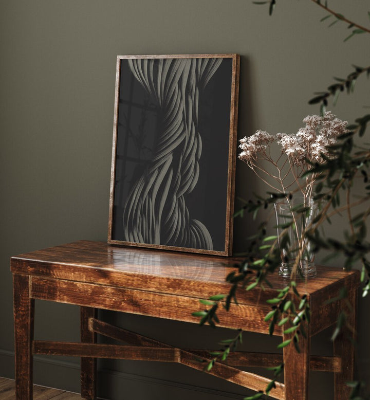 Stylish TWINE Abstract Paintings displayed on a rustic wooden table, enhancing contemporary home decor elegance.