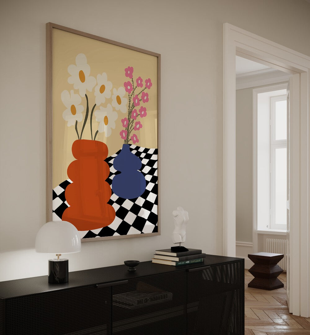 Two Blooming Pottery, Botanical Art Paintings Artwork in Oak Wood Plain Frame
placed on a Cream Colored Wall
placed above a Console Table
in the Drawing Room
