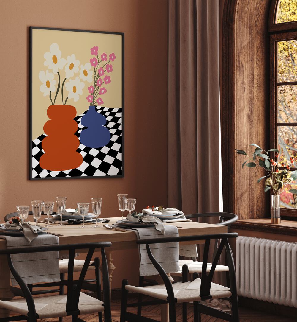 Two Blooming Pottery, Botanical Art Paintings Artwork in Black Plain Frame
placed on a Brown Colored Wall
near a Dining Table
in the Dining Room
