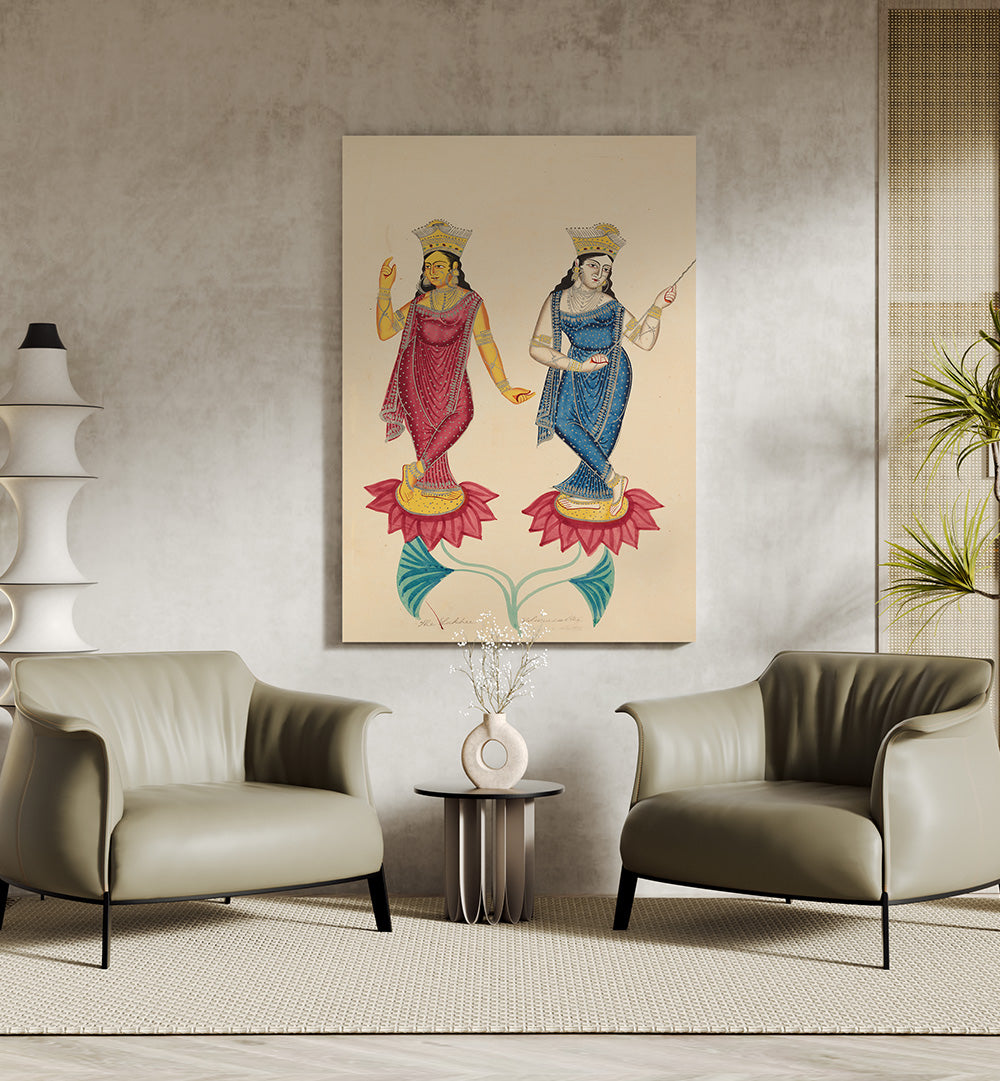 TWO FEMALE DEITIES , INDIAN ART PAINTINGS