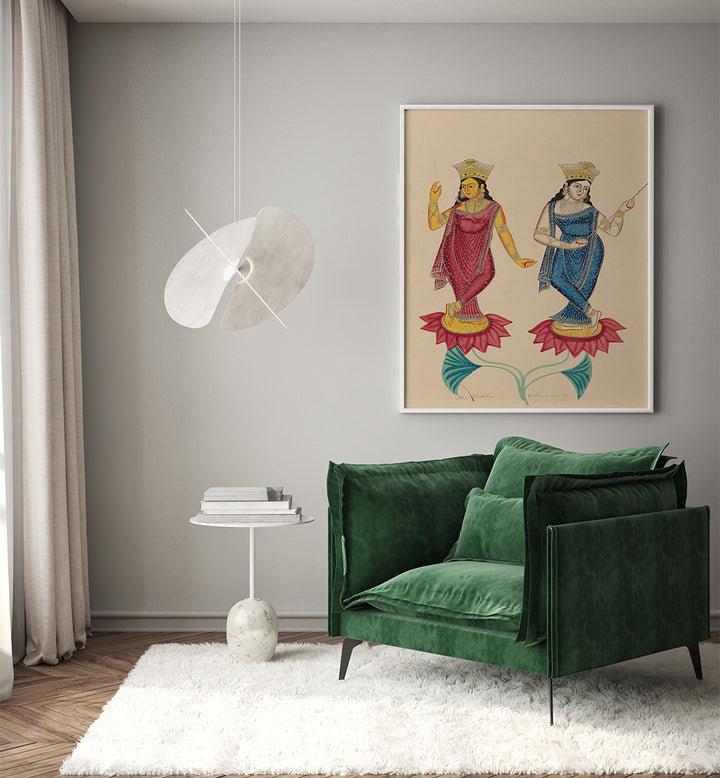 TWO FEMALE DEITIES , INDIAN ART PAINTINGS