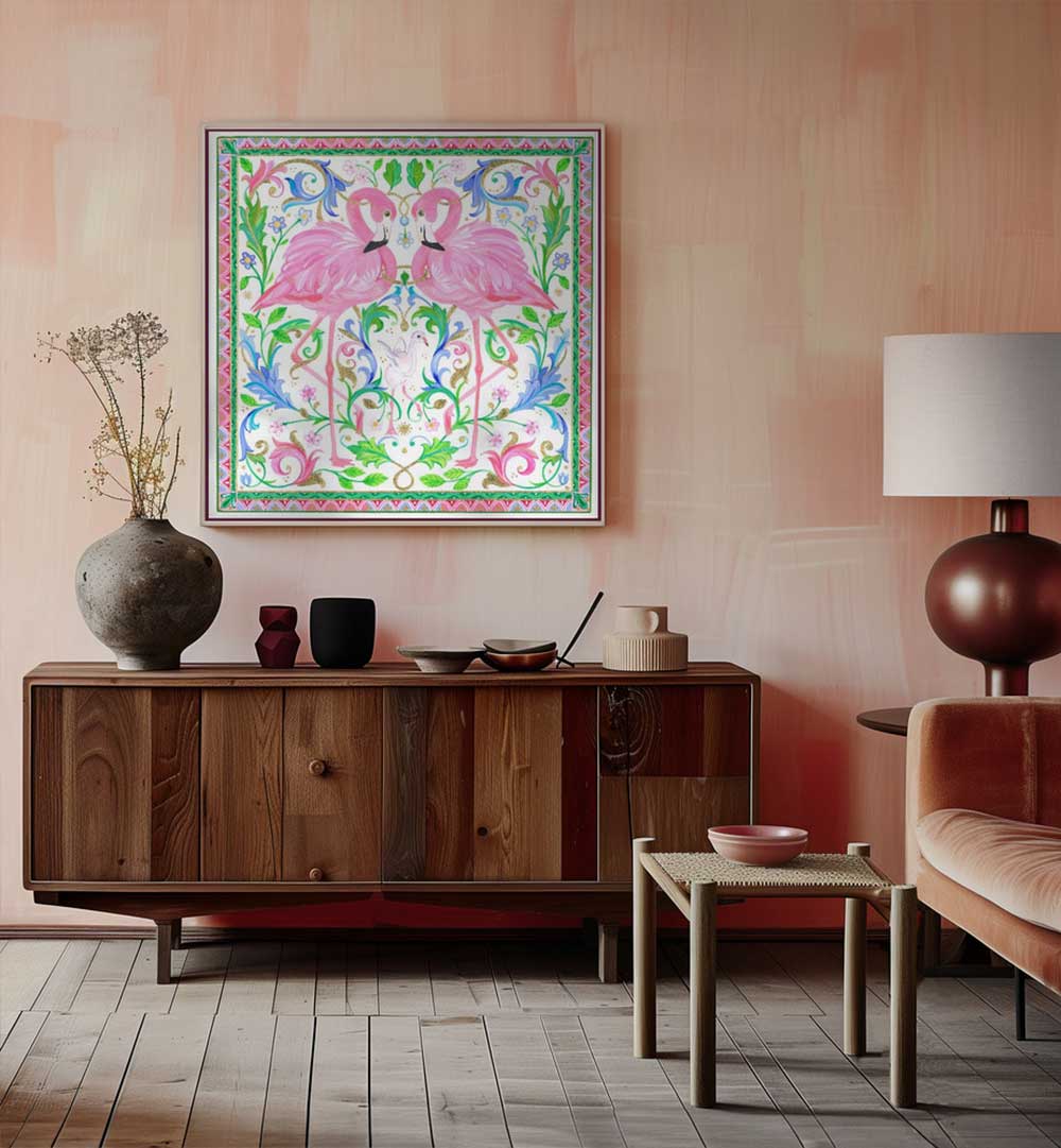 TWO PINK FLAMINGOS , ANIMAL PAINTINGS