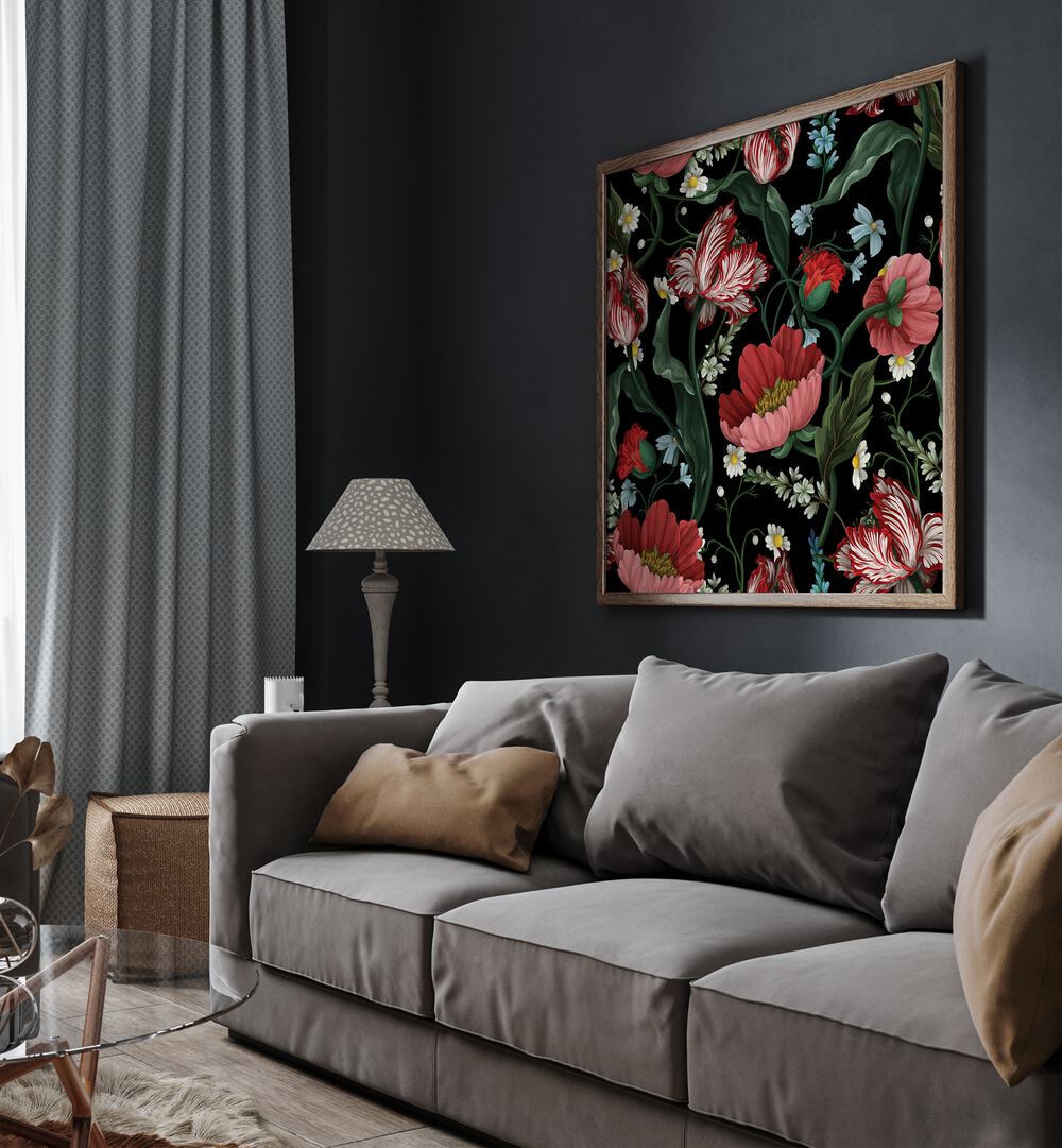 Two-tone Tulips In The Garden At Night Botanical art painting Artwork Hanged on a Wall