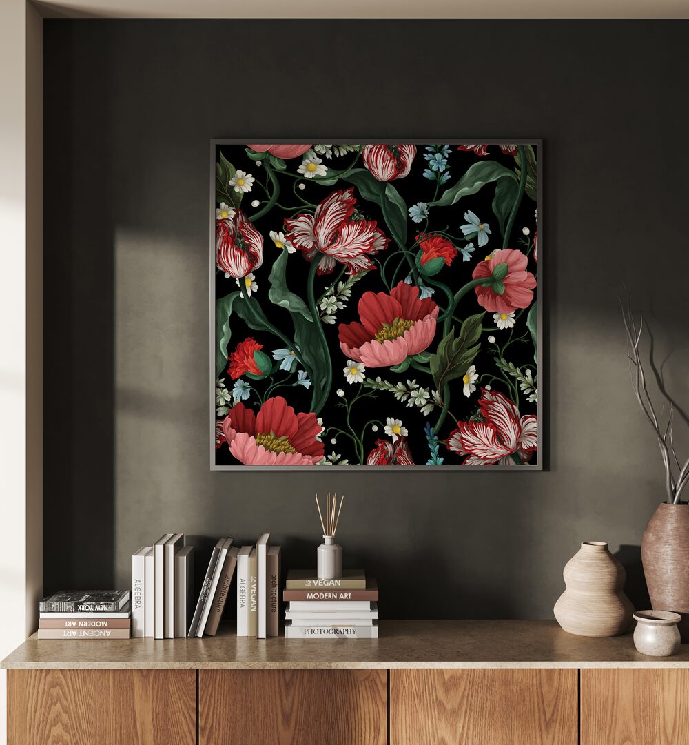 Two-tone Tulips In The Garden At Night Botanical art painting Artwork Hanged on a Wall 