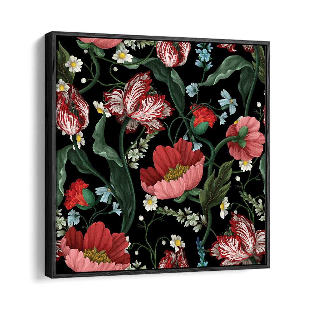 Two-Tone Tulips In The Garden At Night Botanical Art Print Artwork in Black Floater Frame