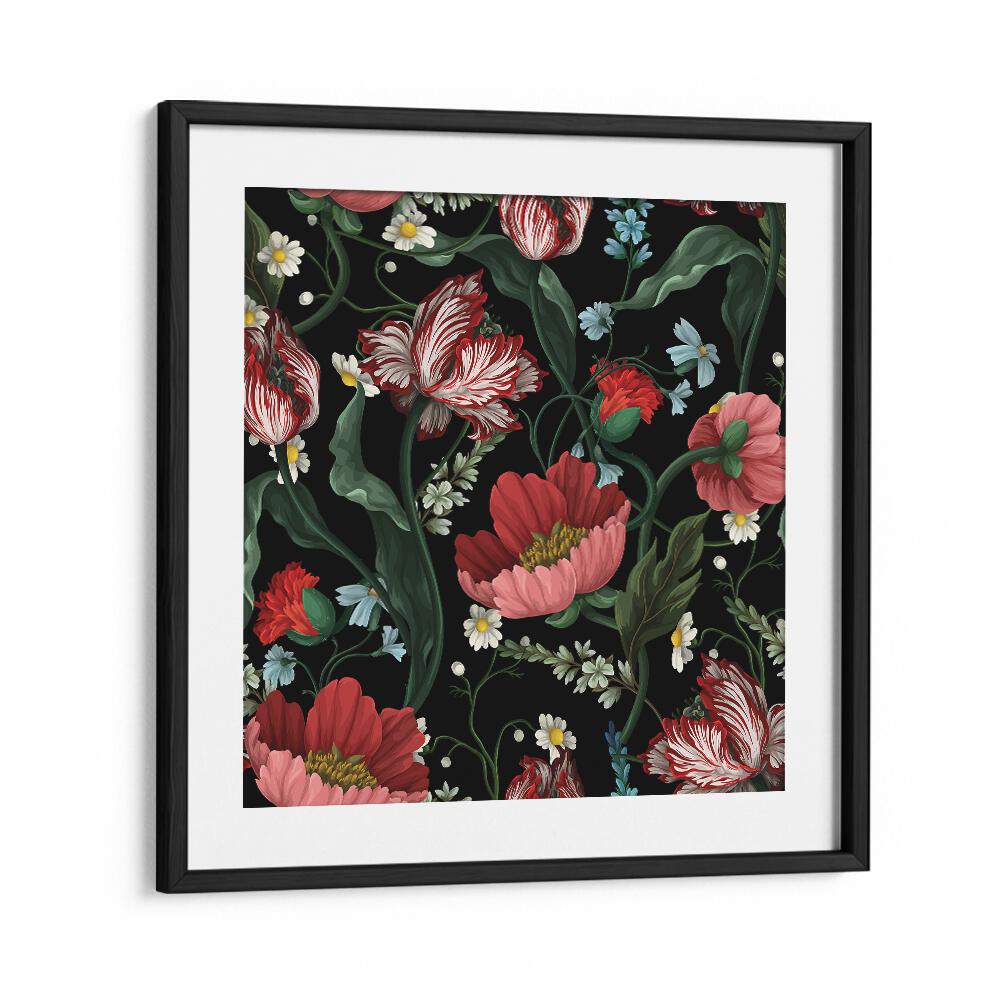 Two-Tone Tulips In The Garden At Night Botanical Art Print Artwork in Black Frame With Mount