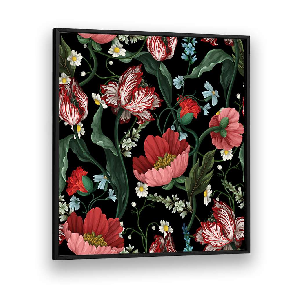 Two-Tone Tulips In The Garden At Night Botanical Art Print Artwork in Black Plain Frame