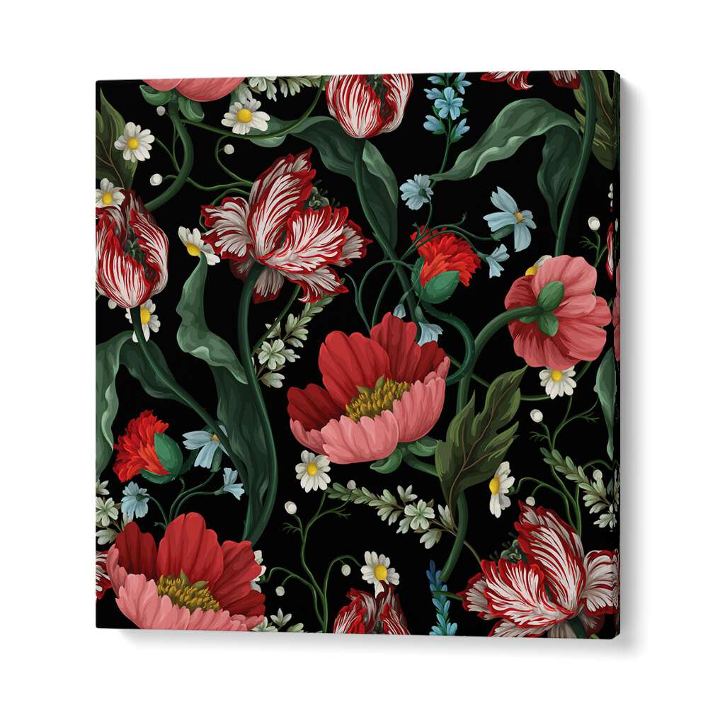 Two-Tone Tulips In The Garden At Night Botanical Art Print Artwork in Gallery Wrap