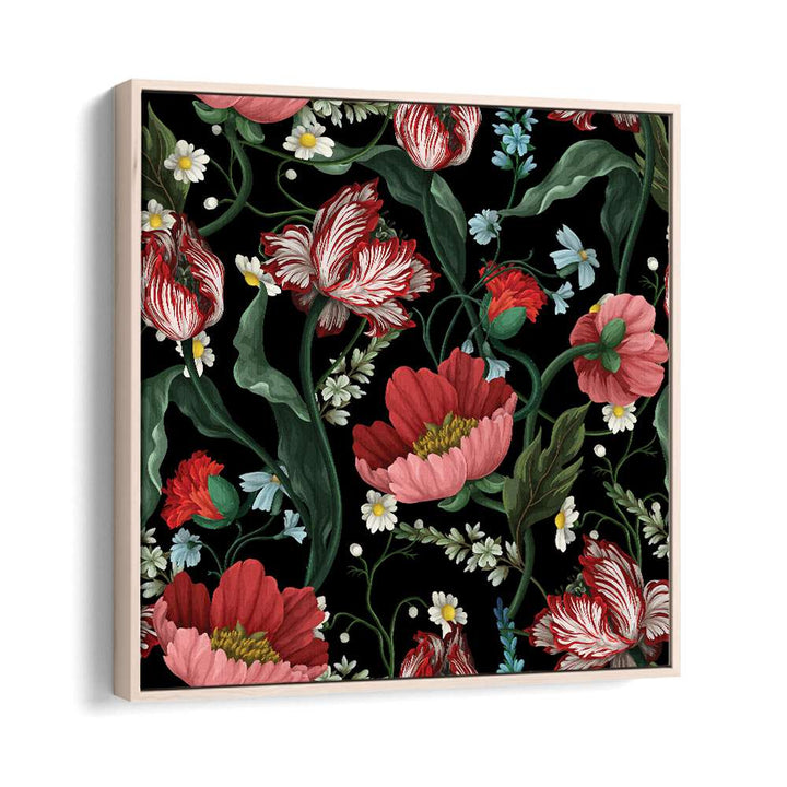 Two-Tone Tulips In The Garden At Night Botanical Art Print Artwork in Oak Wood Floater Frame