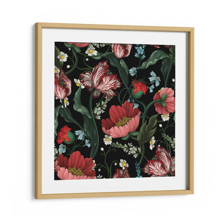 Two-Tone Tulips In The Garden At Night Botanical Art Print Artwork in Oak Wood Frame With Mount