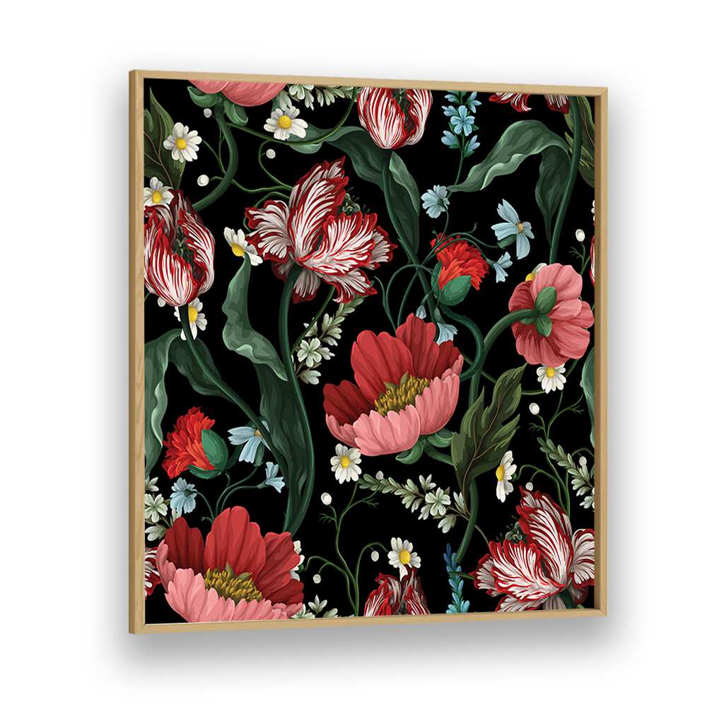 Two-Tone Tulips In The Garden At Night Botanical Art Print Artwork in Oak Wood Plain Frame