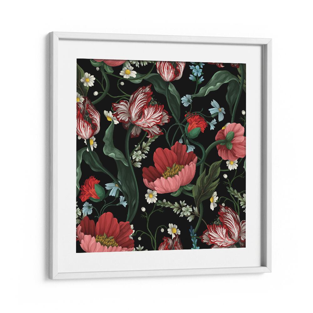 Two-Tone Tulips In The Garden At Night Botanical Art Print Artwork in White Frame With Mount