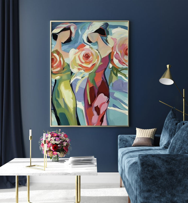 TWO WOMEN WITH ROSES artwork elegantly showcases feminine beauty and friendship, enhancing any space with charm.