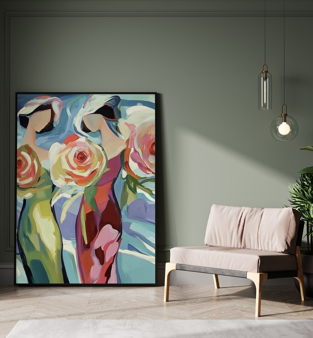 Captivating artwork “TWO WOMEN WITH ROSES” celebrates feminine beauty and friendship in any elegant space.