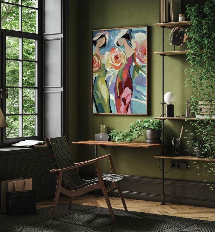 Elegant decor featuring TWO WOMEN WITH ROSES art, celebrating beauty and friendship in a modern space.