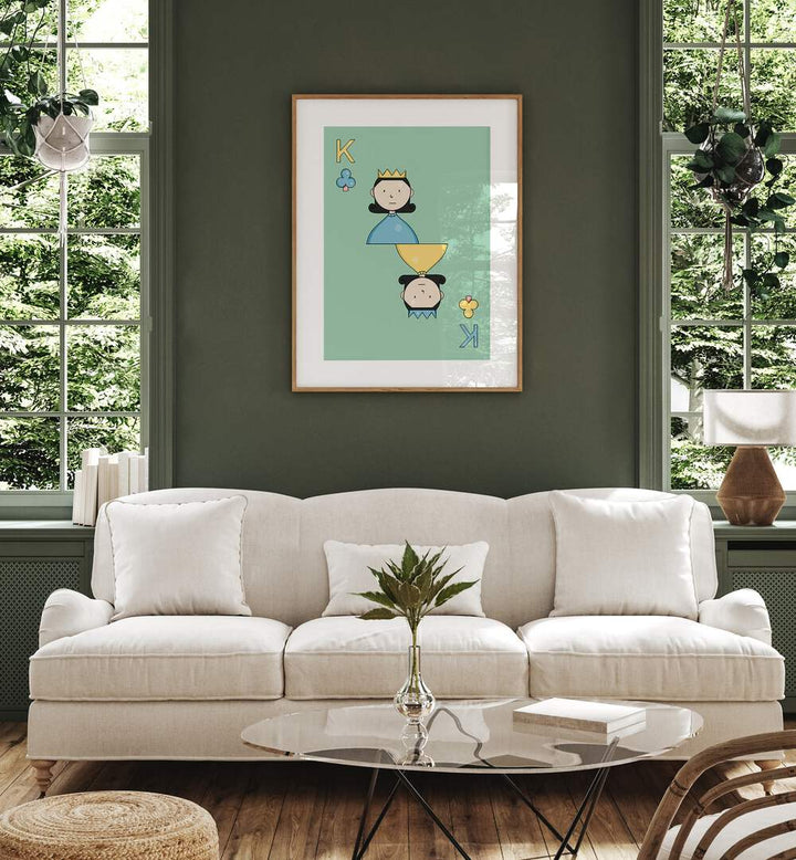 Taash-Playing Cards By Samridhi Sharma Gaming Posters in Oak Wood Frame With Mount placed on a Green Colored Wall near a White Sofa in the Living Room