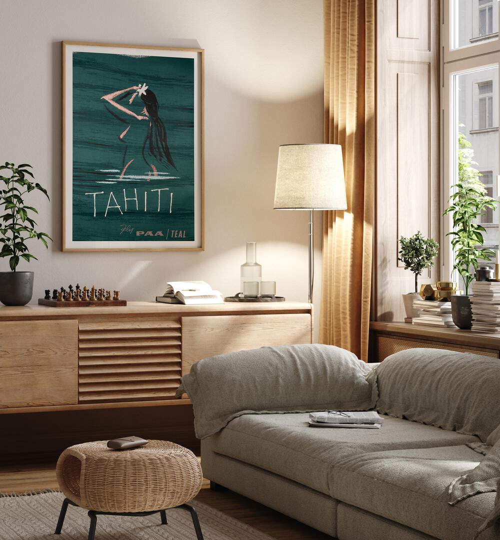 Tahiti  Retro Travel Posters in Oak Wood Plain Frame placed on a wall behind a console table