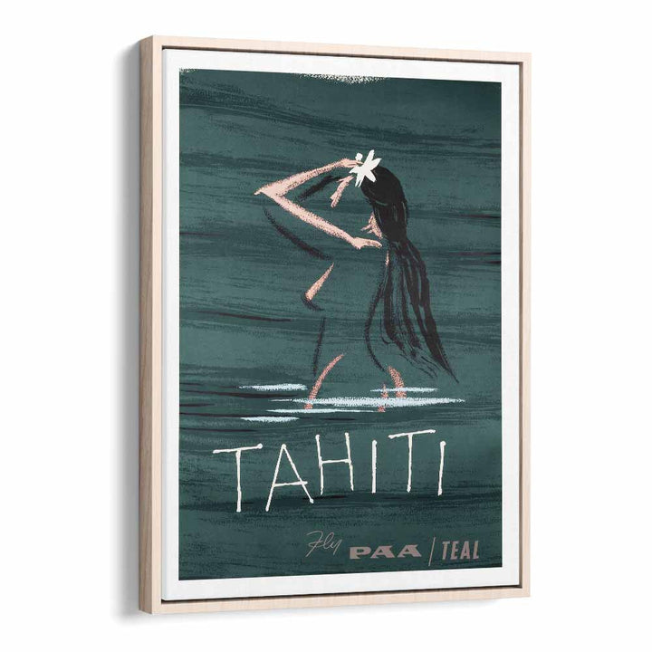 Tahiti  Retro Travel Posters in Oak Wood Floater Frame