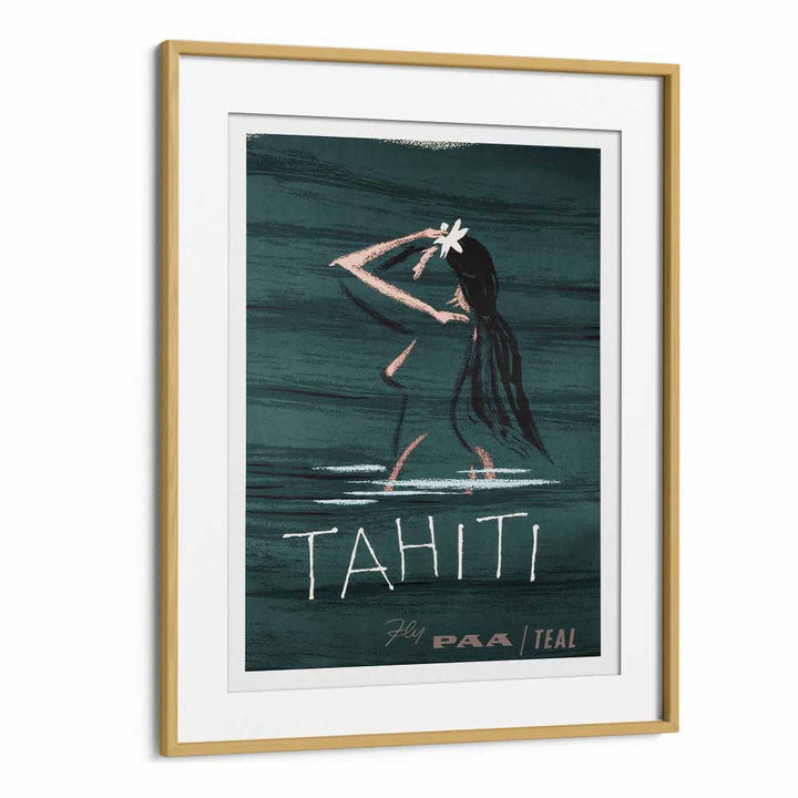 Tahiti  Retro Travel Posters in Oak Wood Frame With Mount