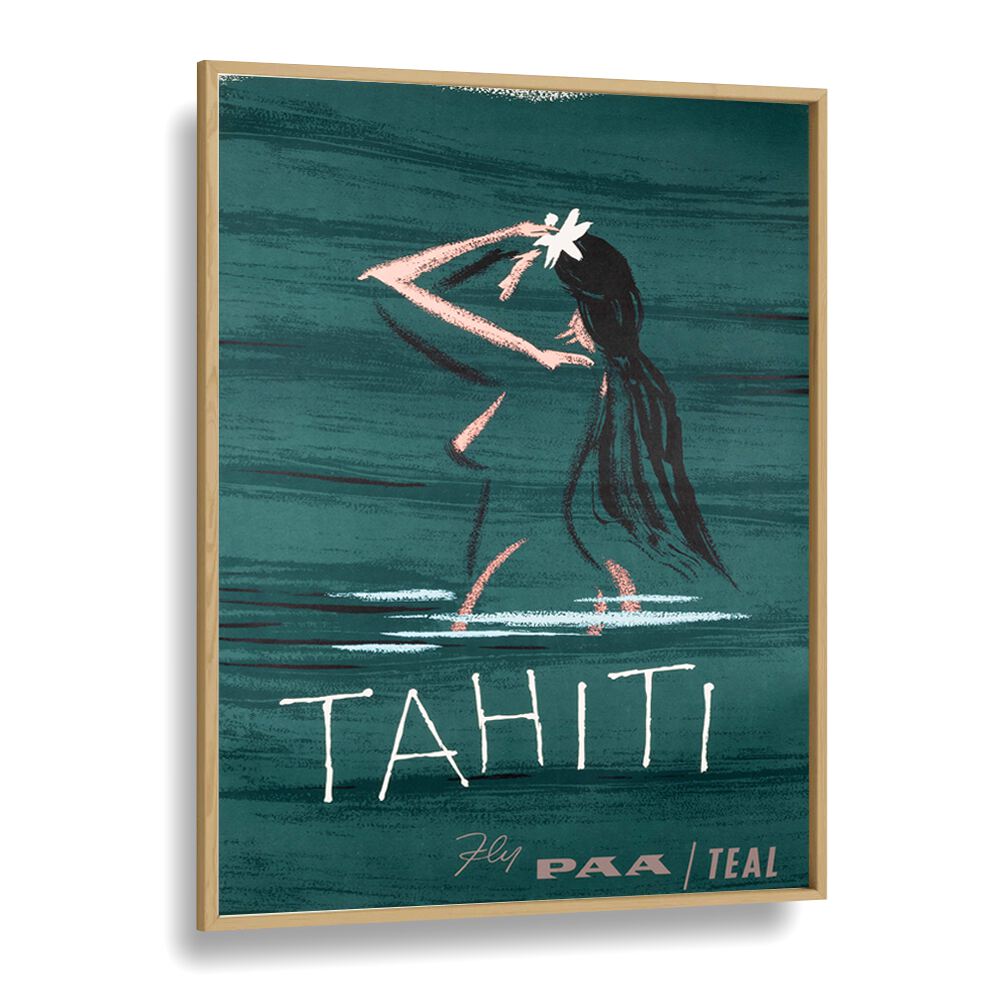 Tahiti  Retro Travel Posters in Oak Wood Plain Frame