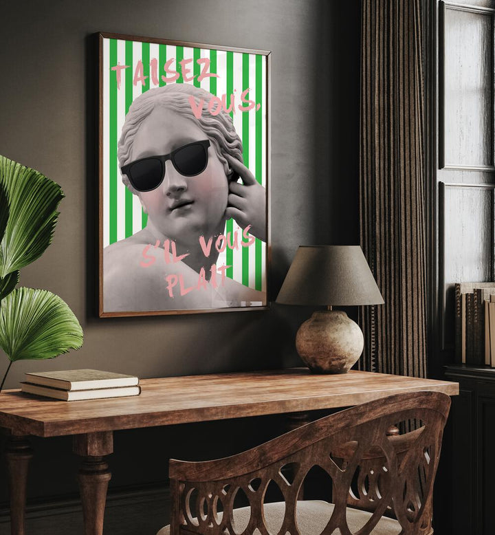 Taisr Voue By Grace Digital Art Co Altered Art Prints in Dark Wood Plain Frame placed on a wall behind a study table