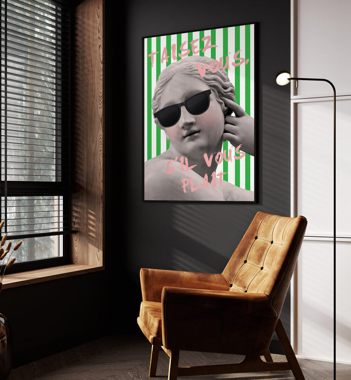 Taisr Voue By Grace Digital Art Co Altered Art Prints in Black Plain Frame placed on a wall beside an orange sofa and a window