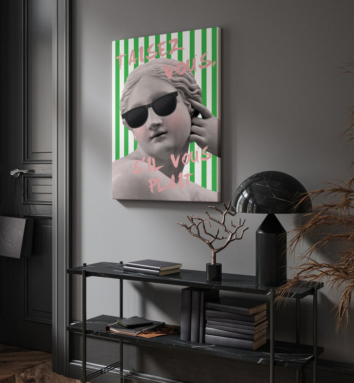 Taisr Voue By Grace Digital Art Co Altered Art Prints in Gallery Wrap placed on a wall behind a black table and a door