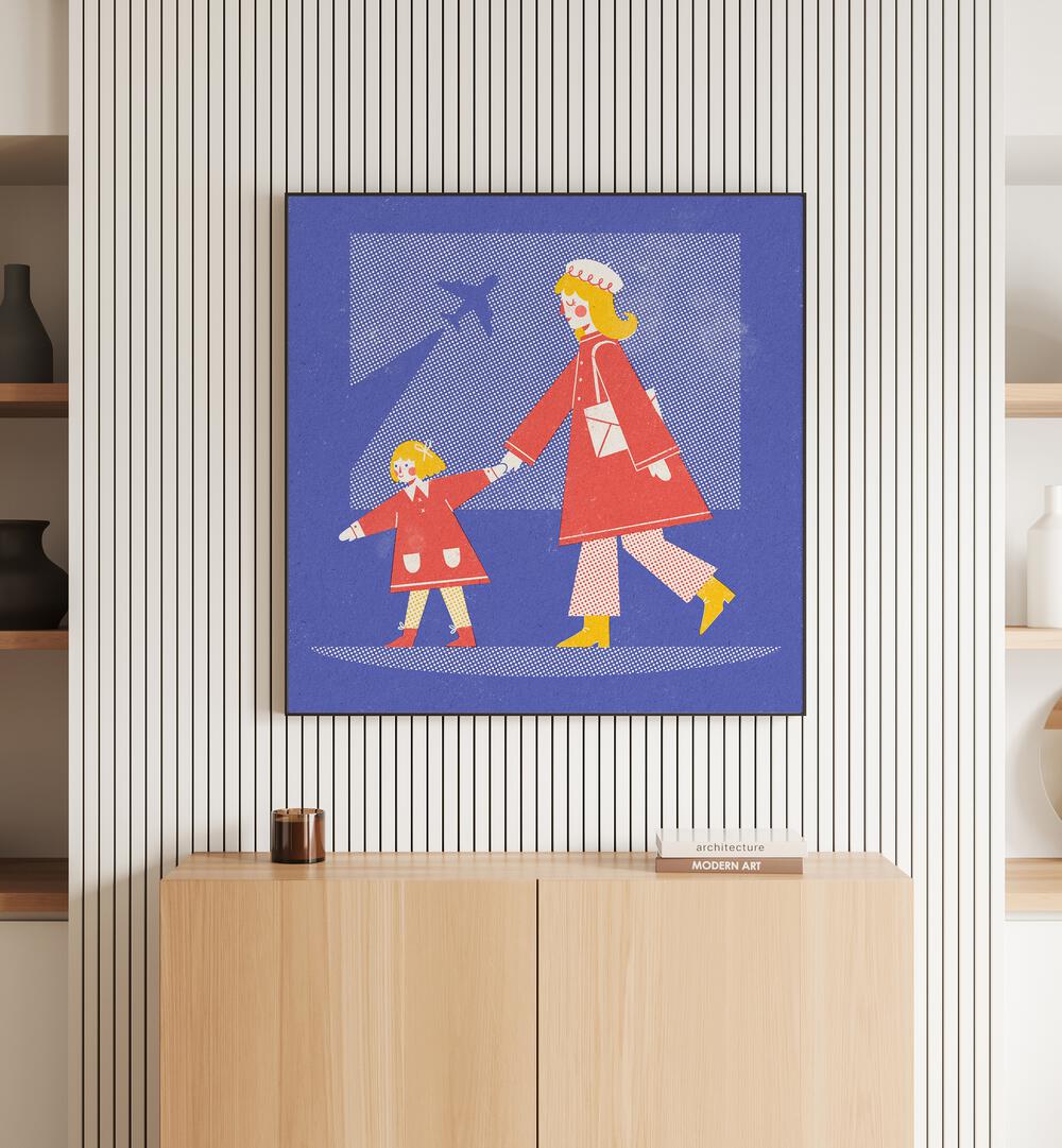 Take Off By Julia Leister Kids Paintings in Black Plain Frame on a wall placed above a console table