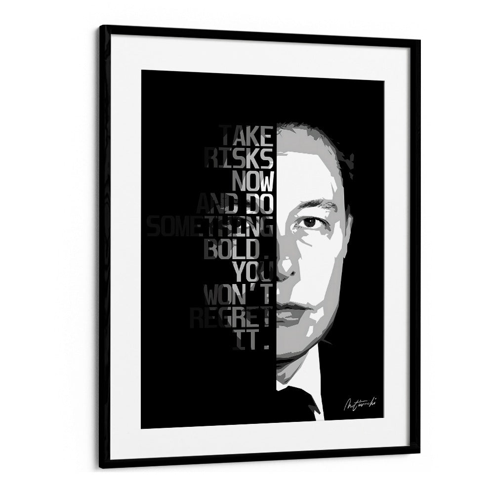 Stylish TAKE RISKS NOW, QUOTES typography poster in a black frame, perfect for inspiring any space with motivation.