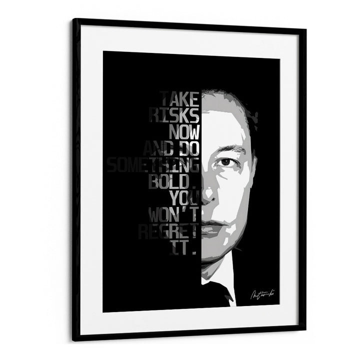 Stylish TAKE RISKS NOW, QUOTES typography poster in a black frame, perfect for inspiring any space with motivation.