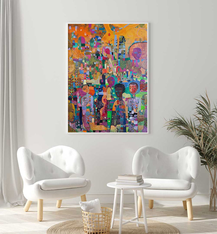 TAKE A KNEE , ABSTRACT PAINTINGS vibrant layered mixed‑media wall art above white chairs in a modern living room