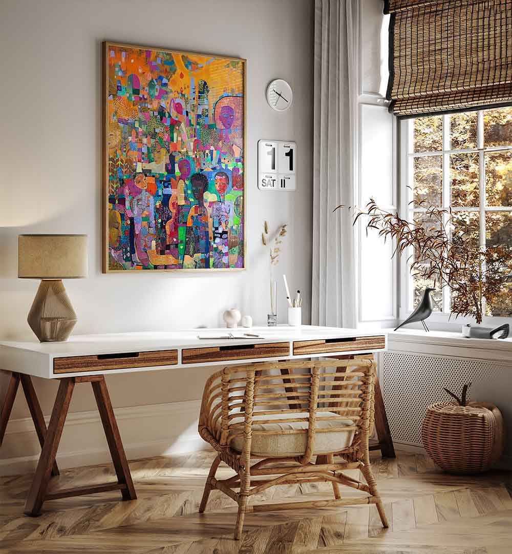 TAKE A KNEE , ABSTRACT PAINTINGS vibrant textured canvas hung above a modern rattan desk, adding motion and bold palette