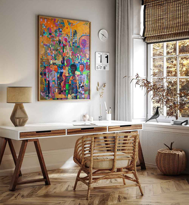 TAKE A KNEE , ABSTRACT PAINTINGS vibrant textured canvas hung above a modern rattan desk, adding motion and bold palette