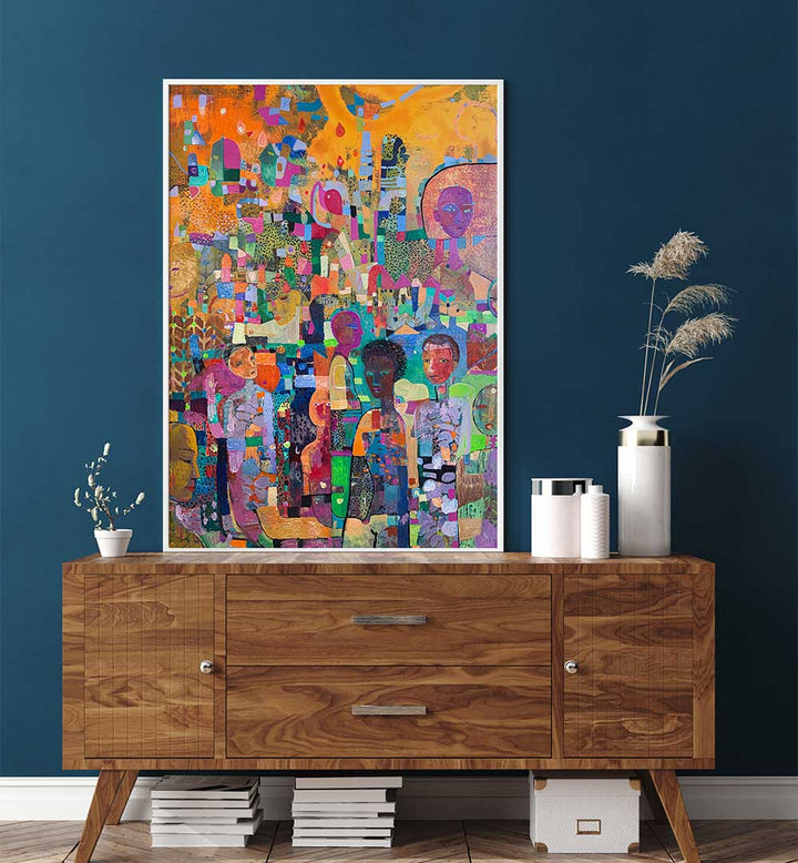 TAKE A KNEE , ABSTRACT PAINTINGS vibrant figurative collage above mid-century wooden sideboard in blue room