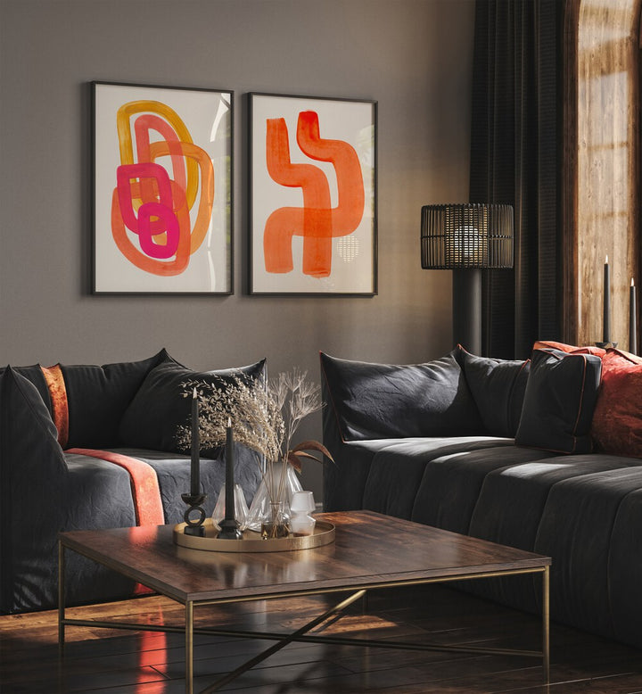Transform your space with the TANGERINE THREADS SET, SET OF 2 PAINTINGS, showcasing vibrant abstract designs.