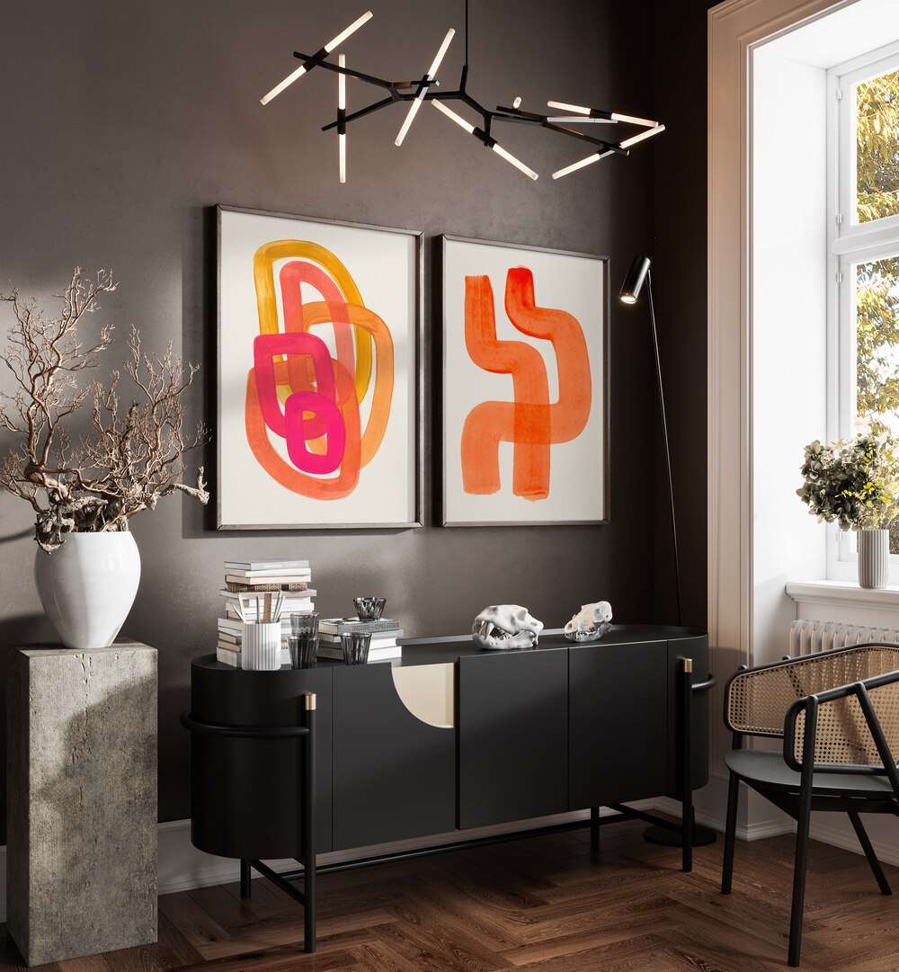 Add warmth to your space with the TANGERINE THREADS SET, SET OF 2 PAINTINGS featuring vibrant abstract designs.