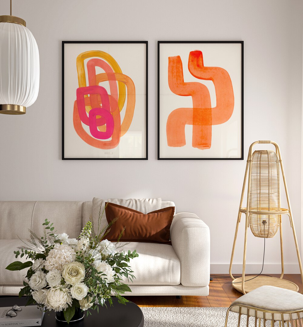 TANGERINE THREADS SET, SET OF 2 PAINTINGS adds vibrant warmth and modern style to your living space.