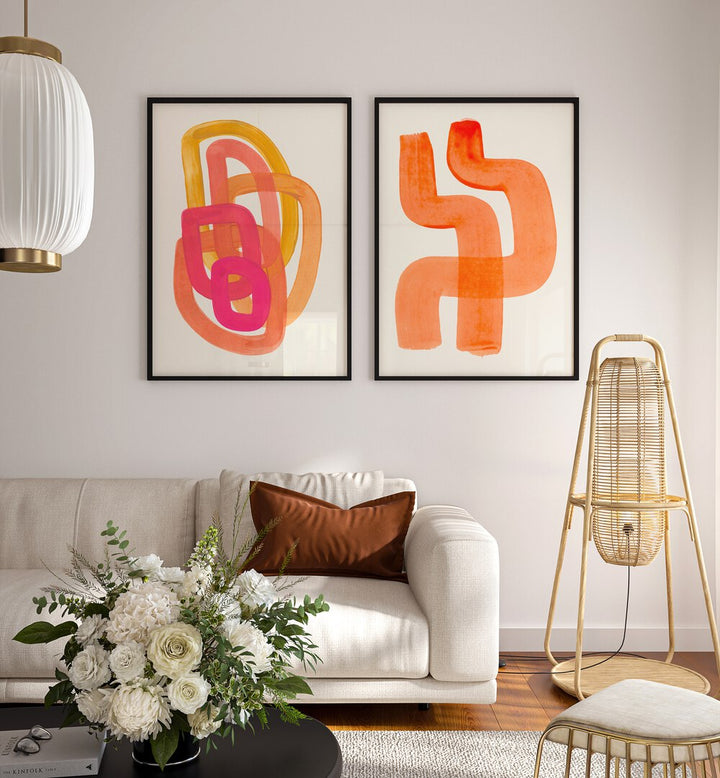 TANGERINE THREADS SET, SET OF 2 PAINTINGS adds vibrant warmth and modern style to your living space.