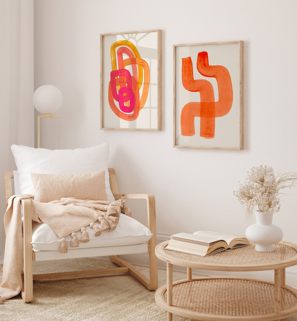 Brighten your space with the TANGERINE THREADS SET, SET OF 2 PAINTINGS, showcasing vibrant abstract art for modern decor.