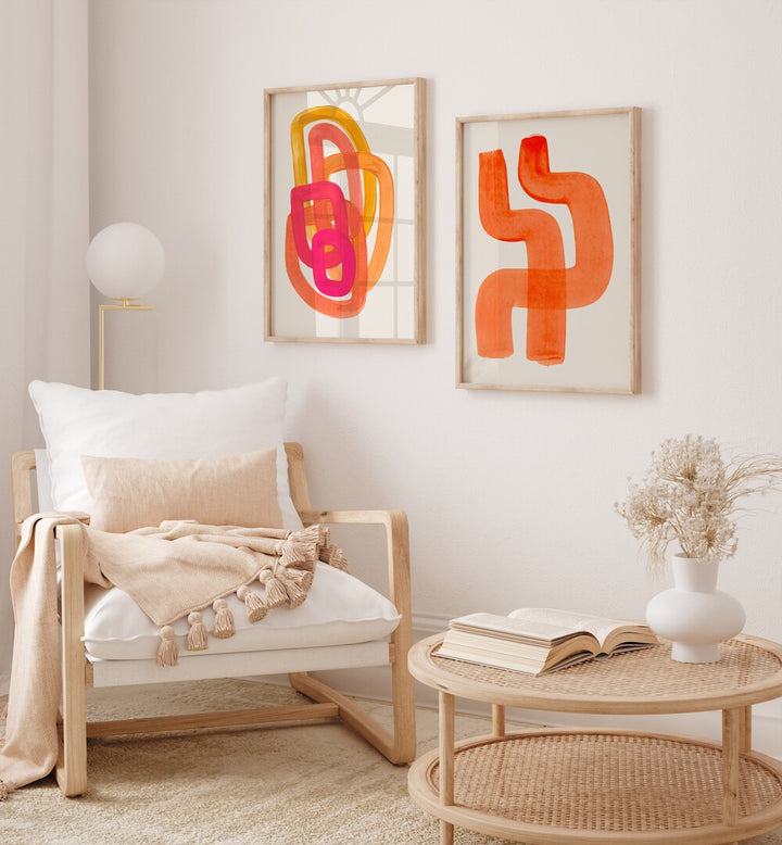 Brighten your space with the TANGERINE THREADS SET, SET OF 2 PAINTINGS, showcasing vibrant abstract art for modern decor.