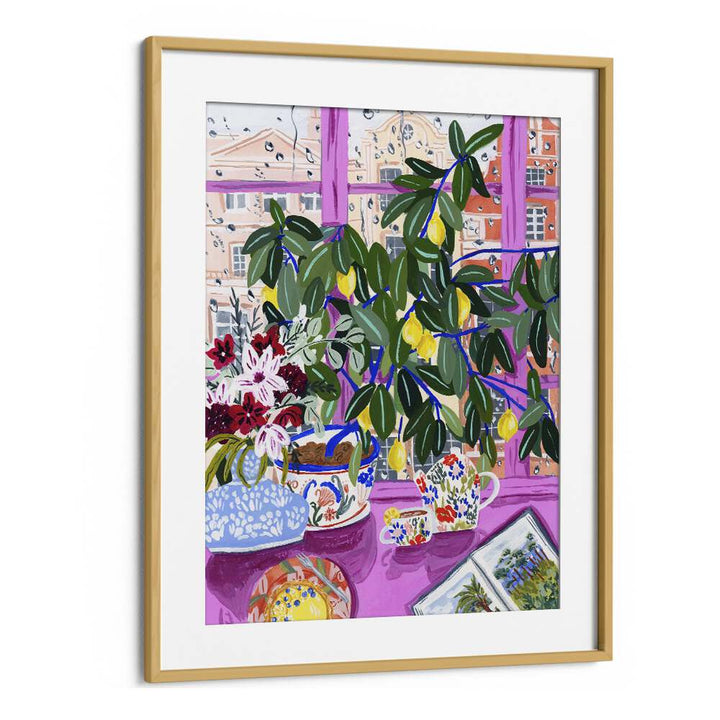 Tea With Marianne By Sarah Gesek Kitchen Art Prints in Oak Wood Frame With Mount