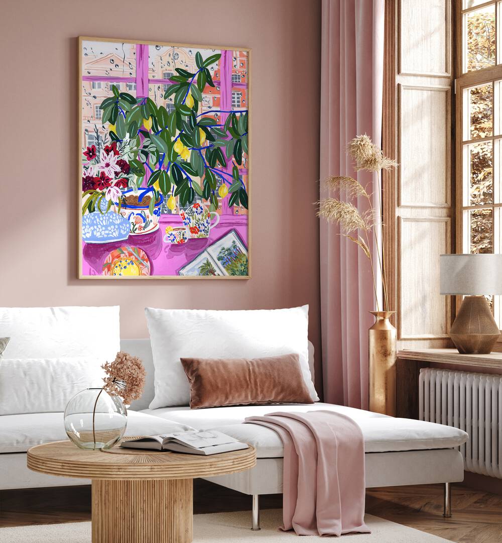 Tea With Marianne By Sarah Gesek Kitchen Posters Kitchen Art Prints in Oak Wood Plain Frame placed on a pink wall beside a window and behind a white sofa for living room