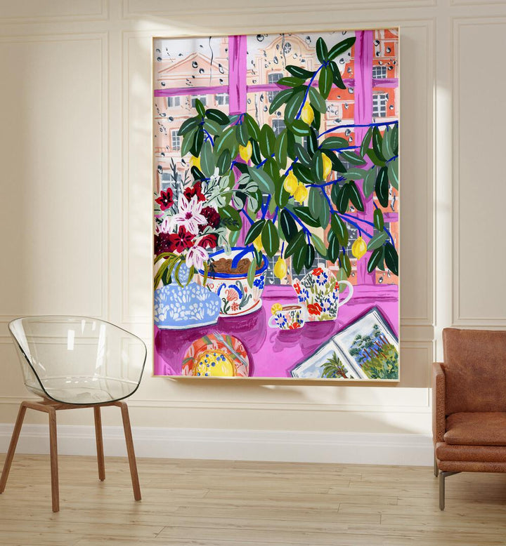 Tea With Marianne By Sarah Gesek Kitchen Posters Kitchen Art Prints in Oak Wood Plain Frame placed on a wall between a sofa and a chair