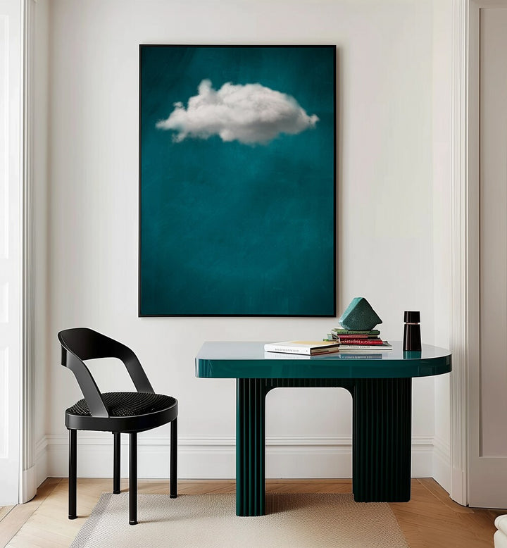 Teal Cloud No I By Aureous Abstract Paintings Abstract Art Prints in Black Plain Frame placed on a Cream Colored Wall near a Table in a Workspace in the Drawing Room