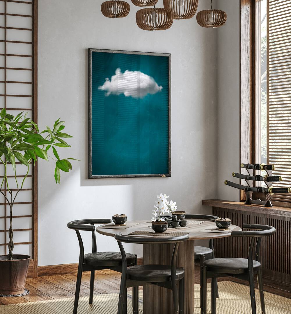 Teal Cloud No I By Aureous Abstract Paintings Abstract Art Prints in Dark Wood Plain Frame placed on a White Colored Wall near a Coffee Table in the Dining Room